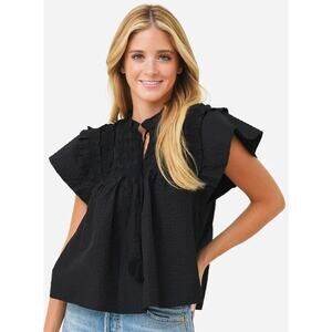 Sea New York Black Sevyn Top Flutter Seersucker Tie Neck Womens Size Small